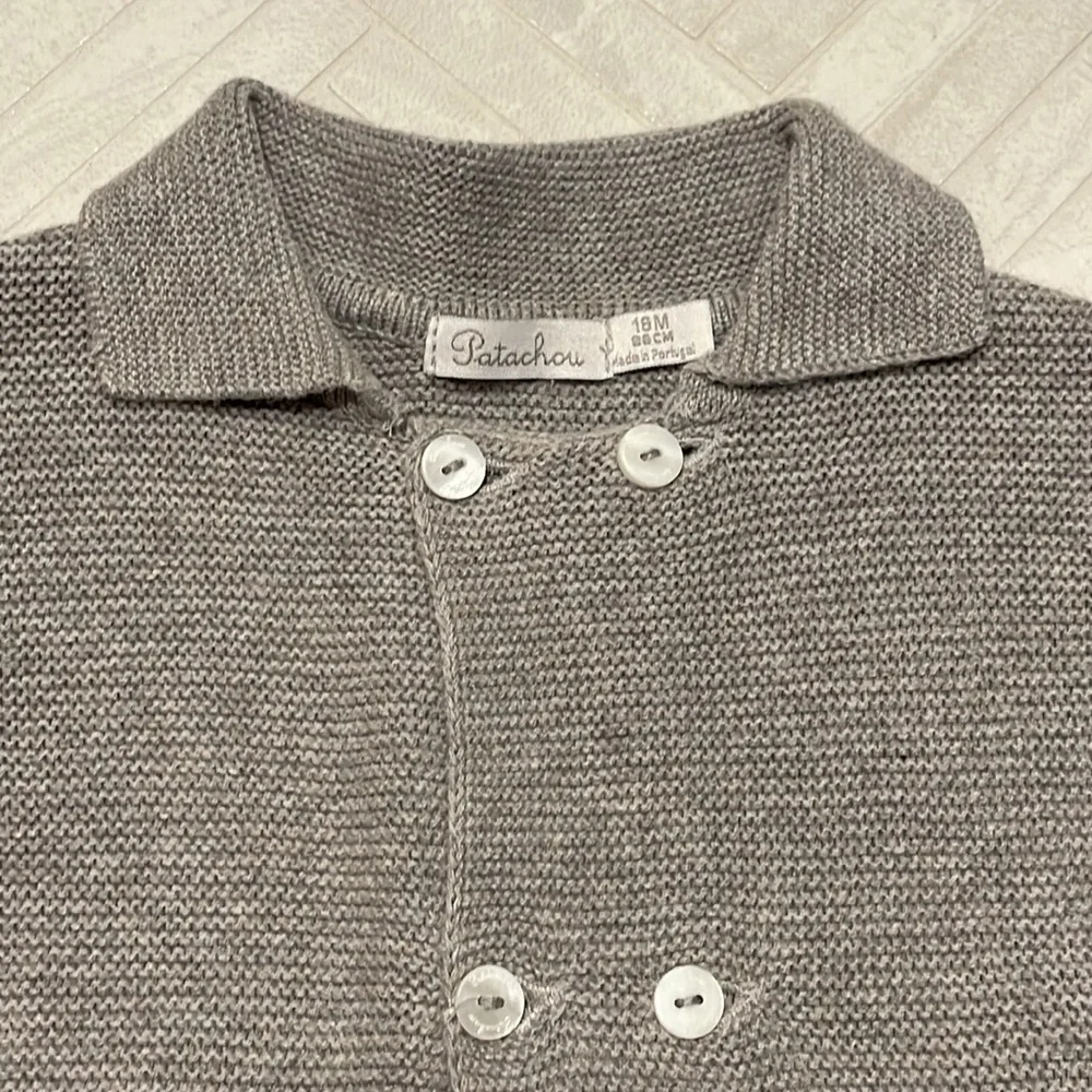 Patachou Gray Knit double button sweater with plaid detailing, 18mo